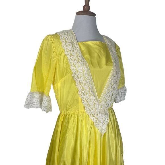 Vintage 80s Yellow Taffetta Bridgerton Style Dress w Matching Hat M - Picture 3 of 10